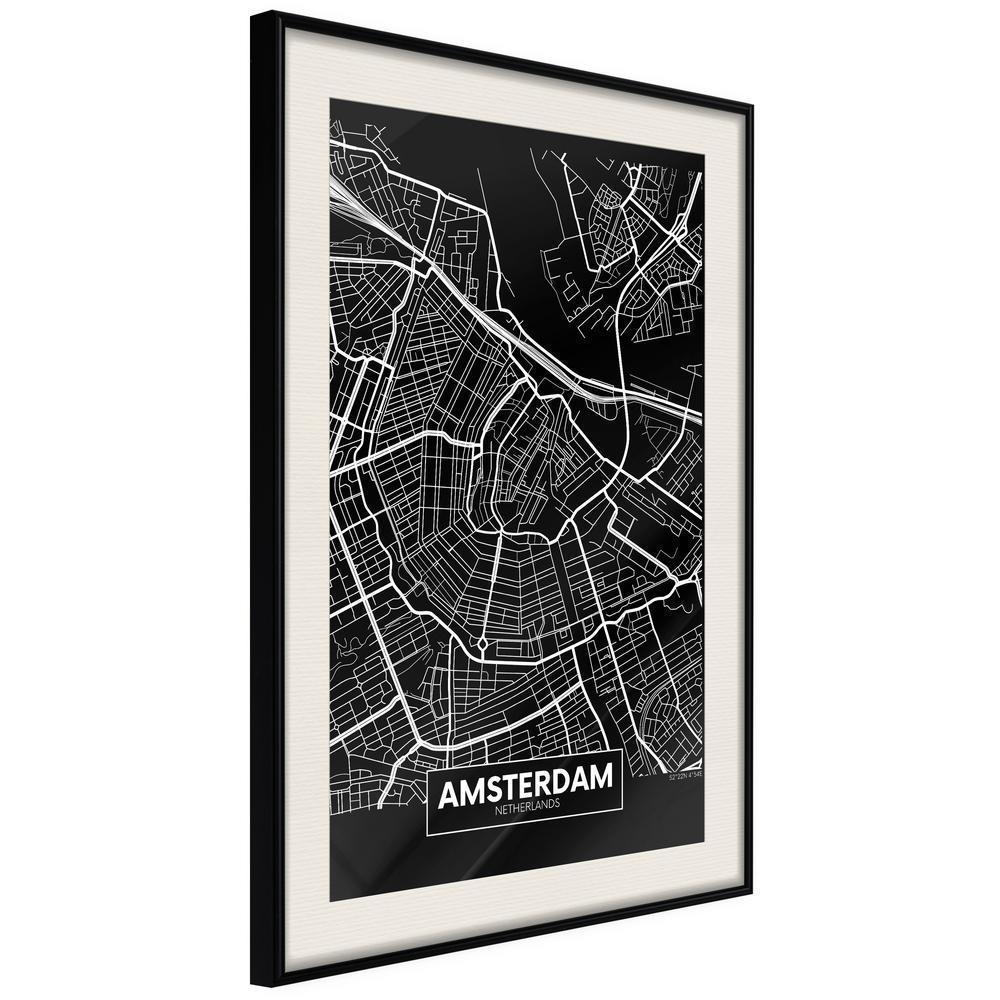 Wall Art Framed - City Map: Amsterdam (Dark)-artwork for wall with acrylic glass protection