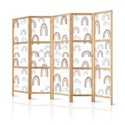 Japanese Room Divider - Rainbows and Clouds - Various-sized rainbows in muted colors among rain clouds in a pale blue shade