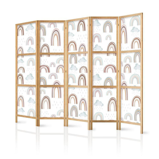 Japanese Room Divider - Rainbows and Clouds - Various-sized rainbows in muted colors among rain clouds in a pale blue shade