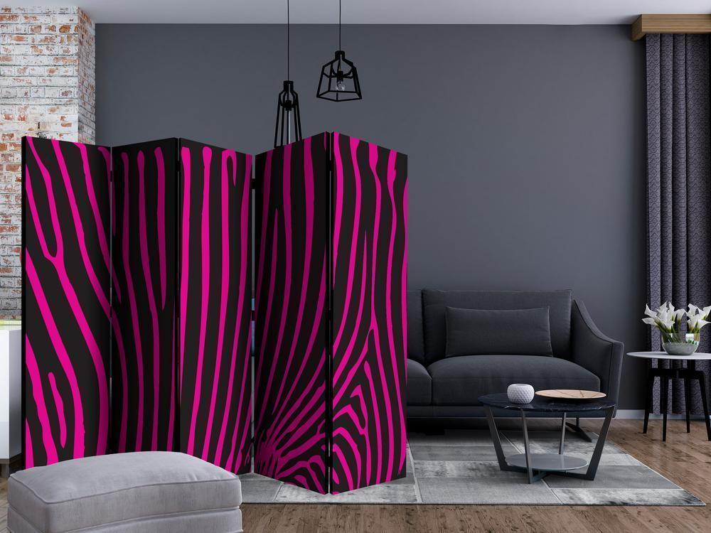 Room Divider - Zebra pattern (violet) II- A 5 Panel Folding Screen For Living rooms, bedrooms or home office, decorative folding screen made with wood and canvas