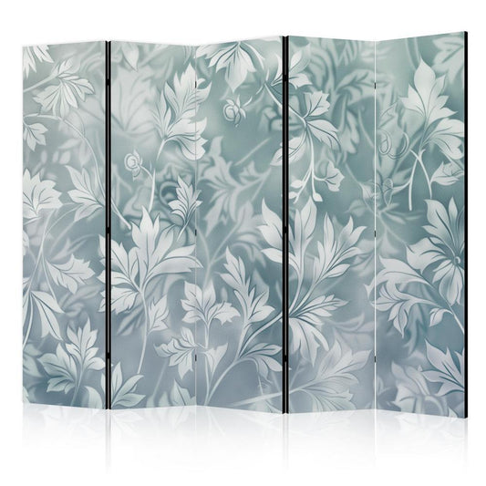 Room Divider - Ornaments in Rubbed Faded Turquoise - Delicate Floral Pattern- A 5 Panel Folding Screen For Living rooms, bedrooms or home office, decorative folding screen made with wood and canvas