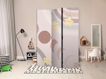 Room Divider - Joyful Sky - Yellow Cheerful Stars with a Rainbow Against the Phases of the Moon - in the Sky Colored Light Beige