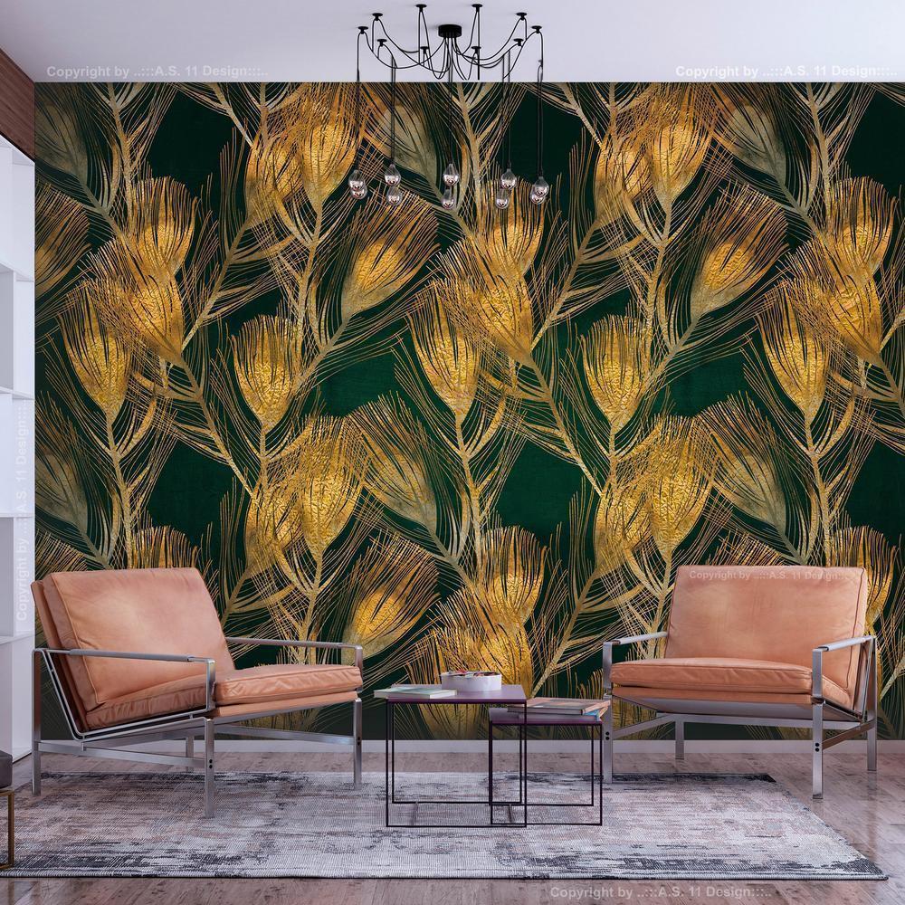 Wall Mural - Golden peacock feathers - solid background with bird pattern on green background-Wall Murals-ArtfulPrivacy