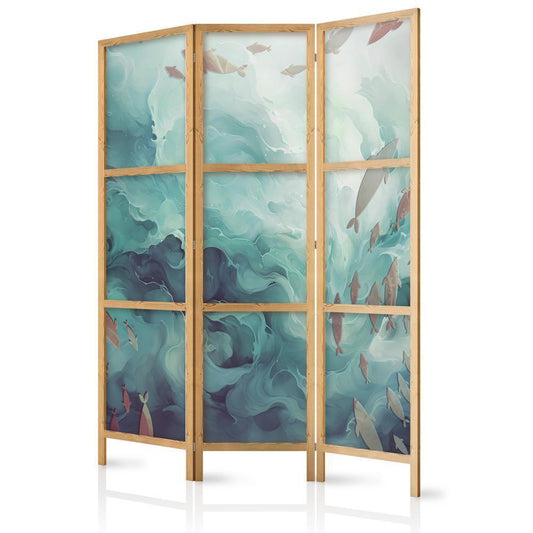 Japanese Room Divider - Escaping Fish - Very Fast Swimming Fish in Muted Colors Among Ocean Depths