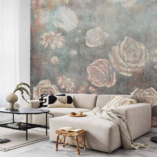 Wall Mural - Misty nature - muted rose flowers on a background in grey tones