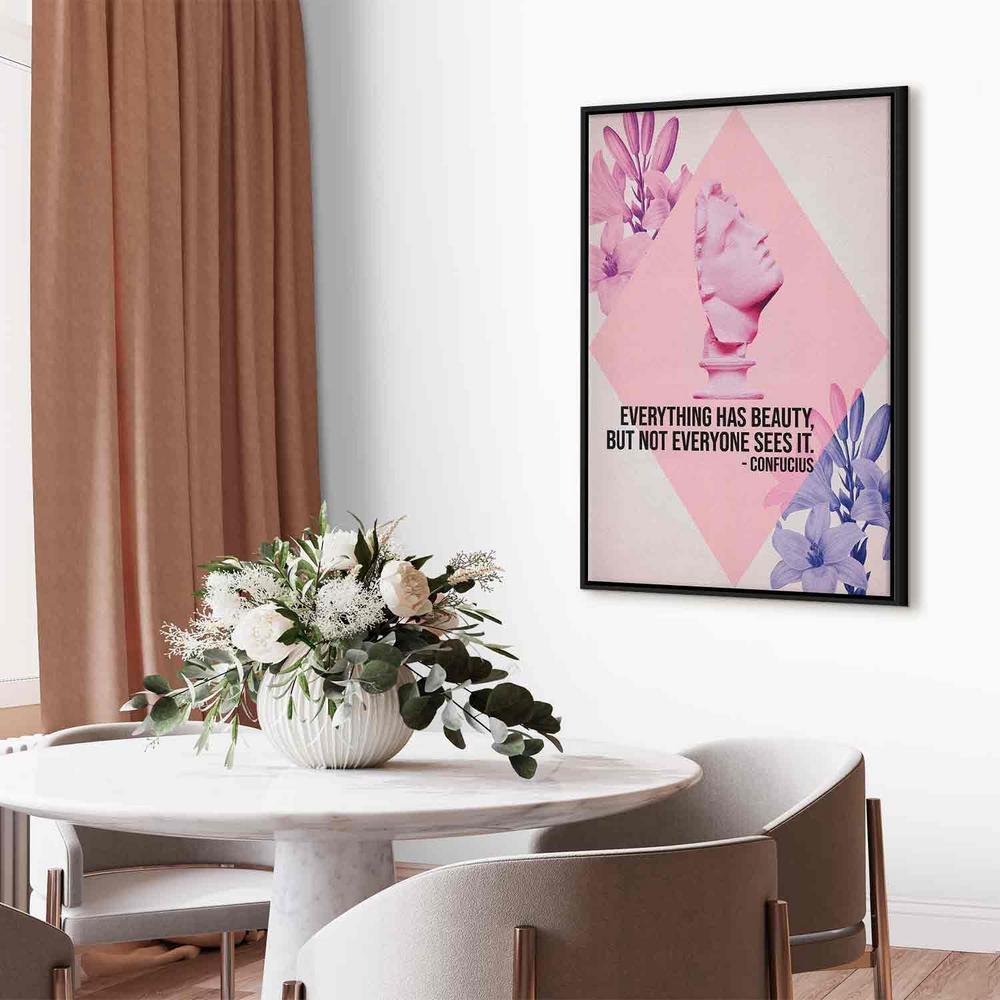 Canvas Print - Beauty in the Eyes - Inspirational Quote with Pink Bust and Flowers