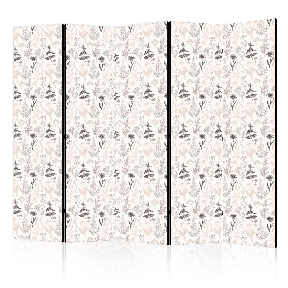 Room Divider - Botanical Illustration - Drawing of Flowers and Herbs - Beige Grays- A 5 Panel Folding Screen For Living rooms, bedrooms or home office, decorative folding screen made with wood and canvas