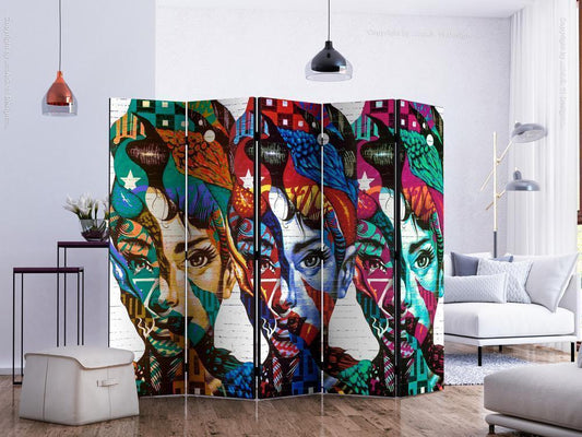 Decorative partition-Room Divider - Colorful Faces II-Folding Screen Wall Panel by ArtfulPrivacy