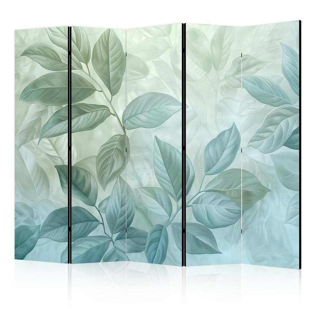 Room Divider - Large Leaves in Green-Mint Shades - Botanical Motif- A 5 Panel Folding Screen For Living rooms, bedrooms or home office, decorative folding screen made with wood and canvas