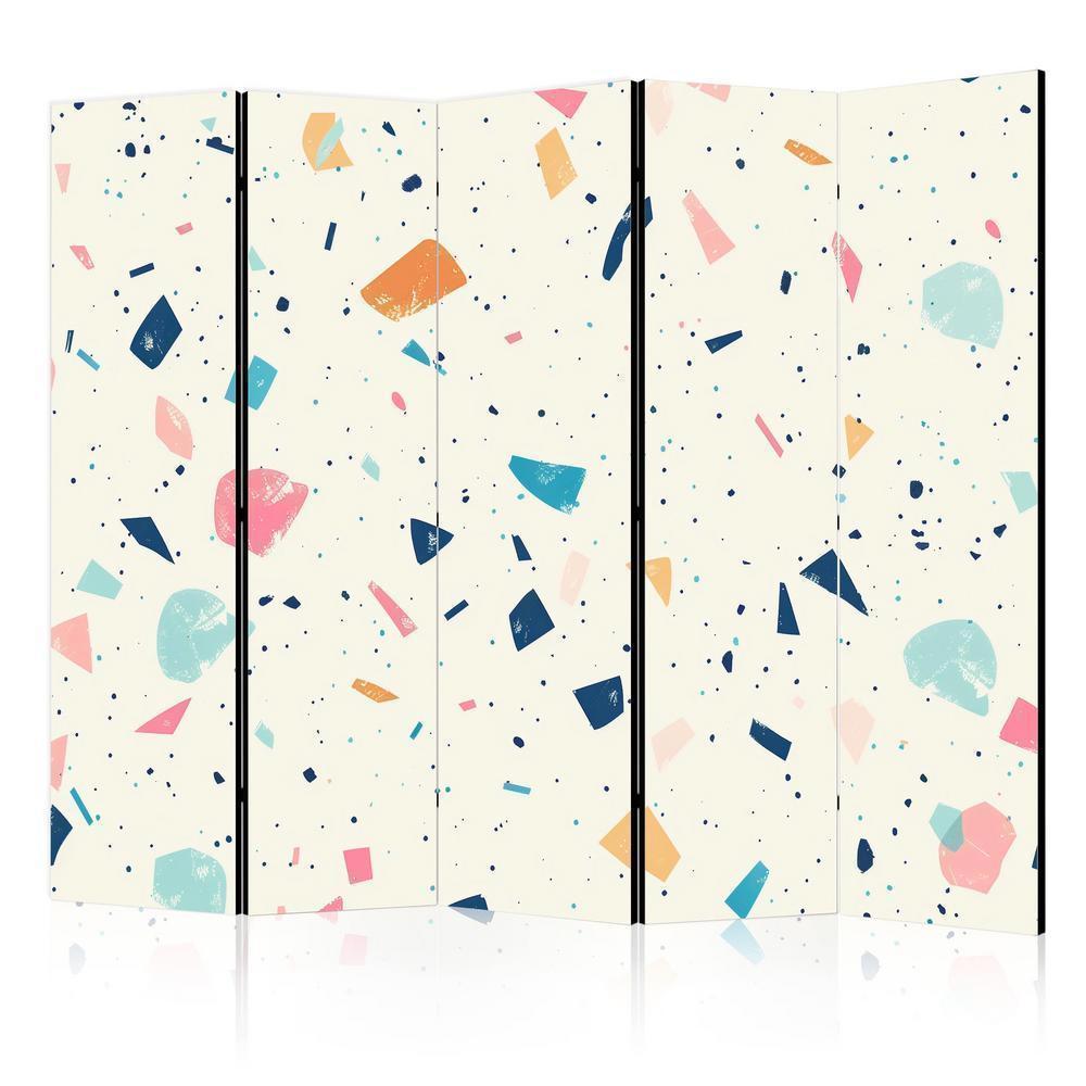 Room Divider - Terrazzo with Multicolored - Large Elements - Cheerful Pattern on a Light Background- A 5 Panel Folding Screen For Living rooms, bedrooms or home office, decorative folding screen made with wood and canvas