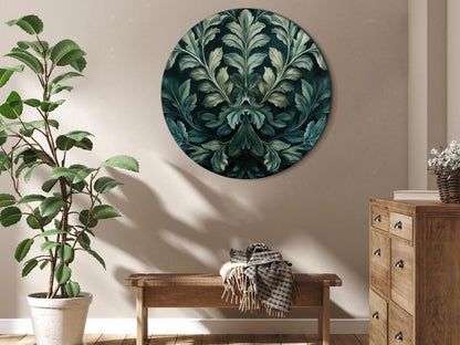 Round Canvas Print - Dark Green Victorian Leaves: Botanical Carved Composition