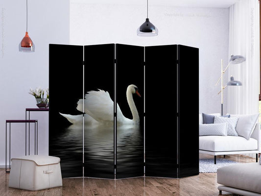 Decorative partition-Room Divider - swan (black and white) II-Folding Screen Wall Panel by ArtfulPrivacy