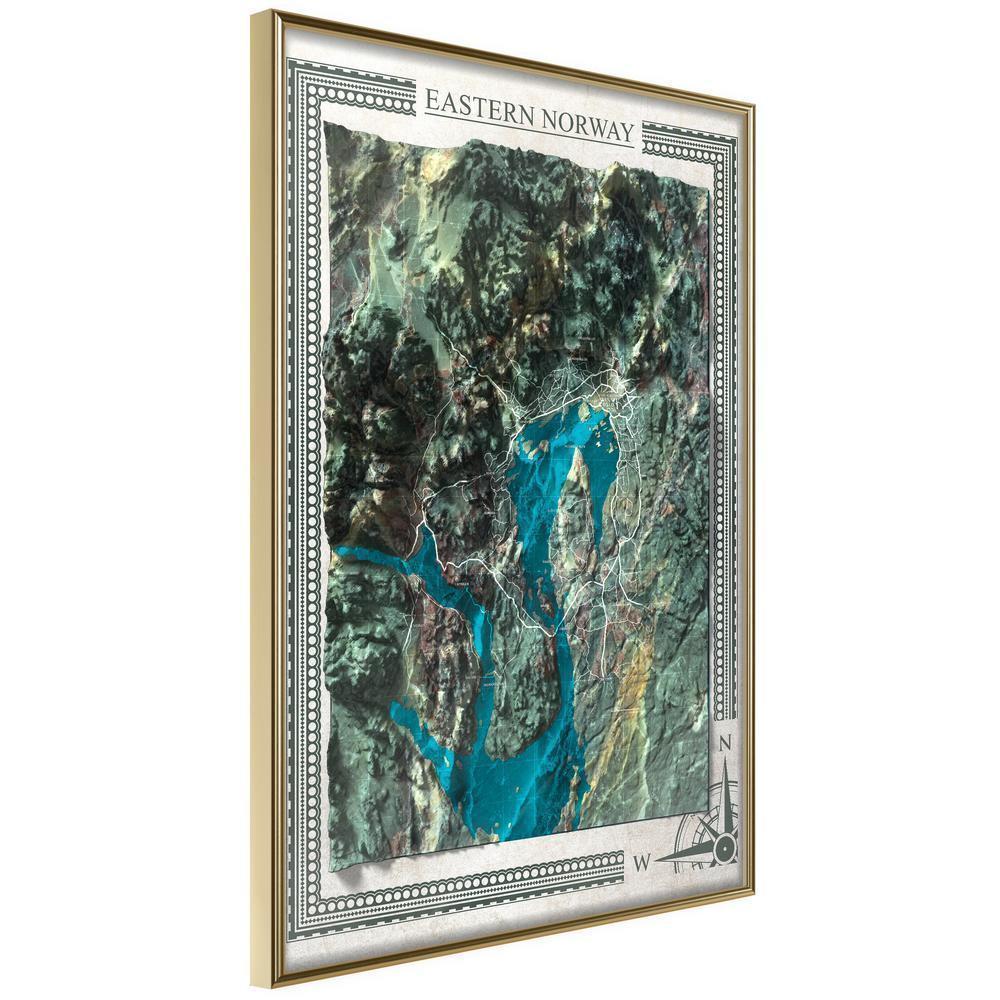Wall Art Framed - Raised Relief Map: Eastern Norway-artwork for wall with acrylic glass protection