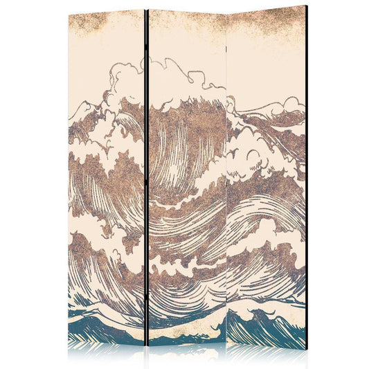 Room Divider - Stormy Ocean - High Waves in Brown and Navy Colors on a Beige Background in Vintage Style