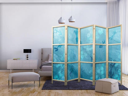 Japanese Room Divider - Koi Fish Under the Water Surface - a Cluster of Japanese Fish in the Depths of the Pond in Shades of Navy and Blue