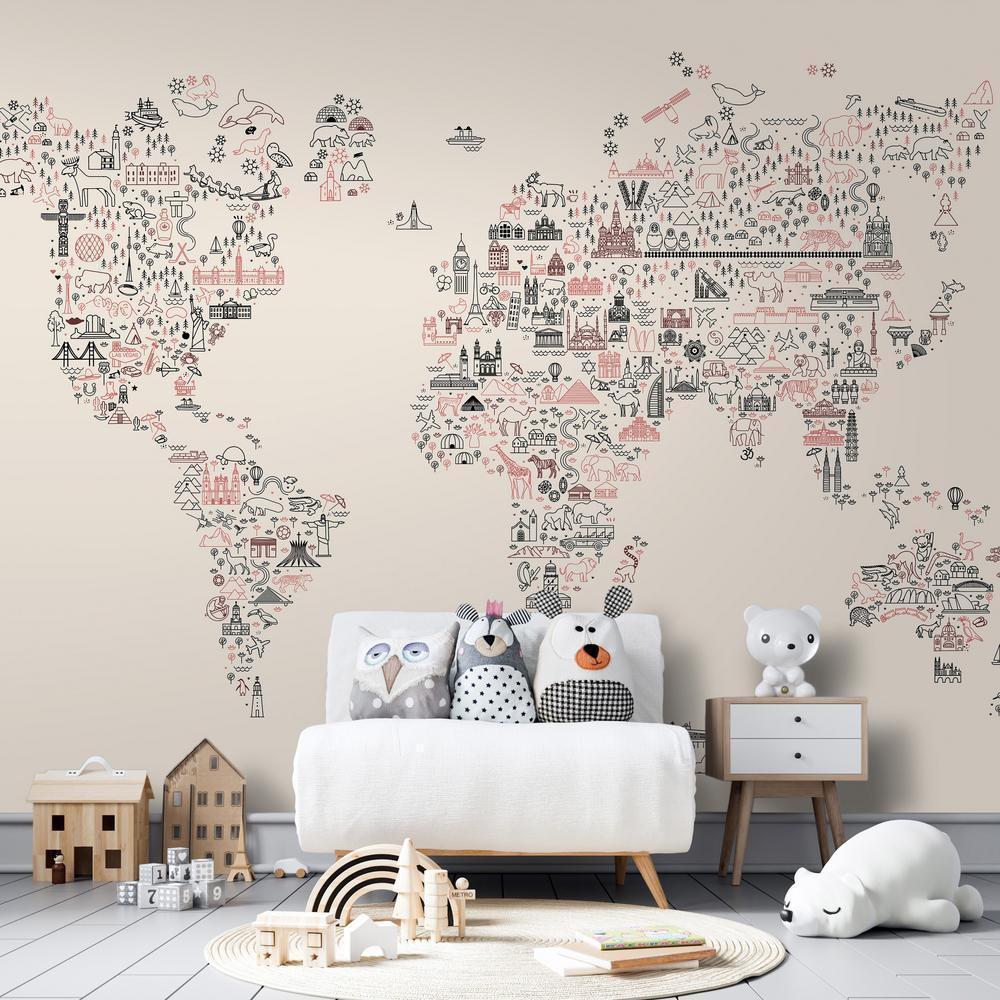 Wall Mural - Map With Icons - Cartoon Representation of the World in Pastel Colours-Wall Murals-ArtfulPrivacy