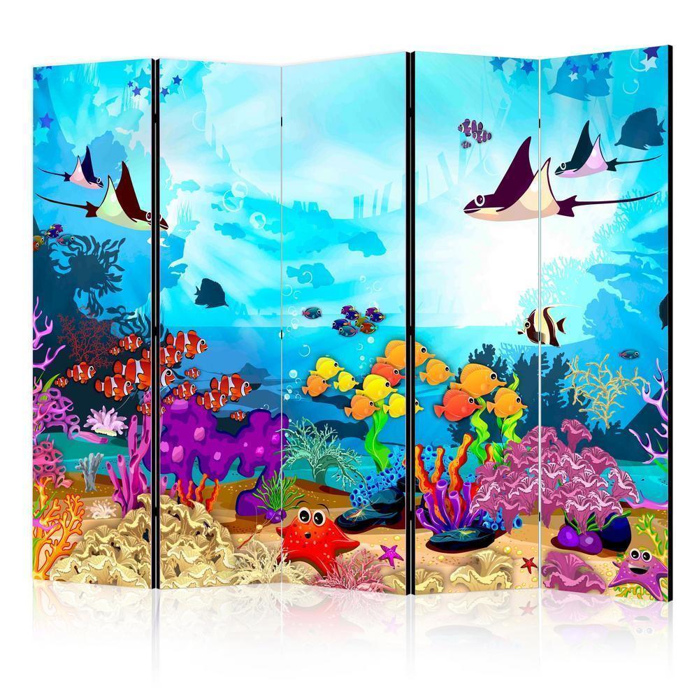 Room Divider - Underwater Fun II- A 5 Panel Folding Screen For Living rooms, bedrooms or home office, decorative folding screen made with wood and canvas