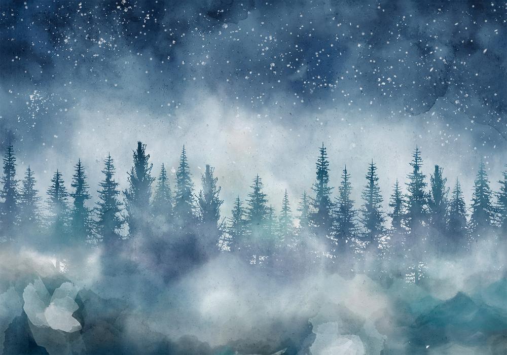 Wall Mural - Night landscape - landscape of a misty forest at night with a starry sky-Wall Murals-ArtfulPrivacy