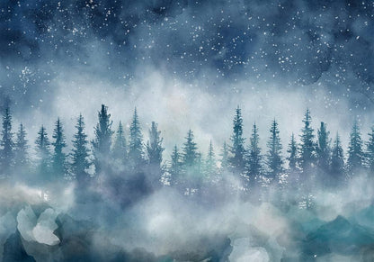Wall Mural - Night landscape - landscape of a misty forest at night with a starry sky-Wall Murals-ArtfulPrivacy