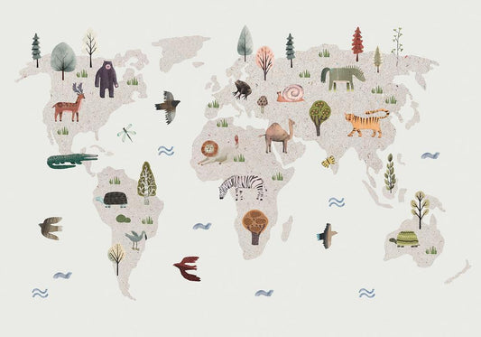 Wall Mural - Beige World - Continents With Animals in Muted Colours-Wall Murals-ArtfulPrivacy