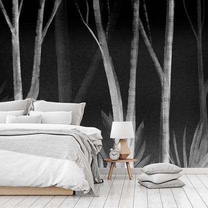 Wall Mural - Noise of the forest at night - minimalist landscape of white trees on a black background-Wall Murals-ArtfulPrivacy