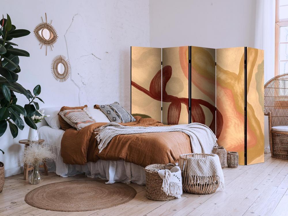 Room Divider - Worn Figures - Shapes in Lime Wash Technique in Warm Colors- A 5 Panel Folding Screen For Living rooms, bedrooms or home office, decorative folding screen made with wood and canvas