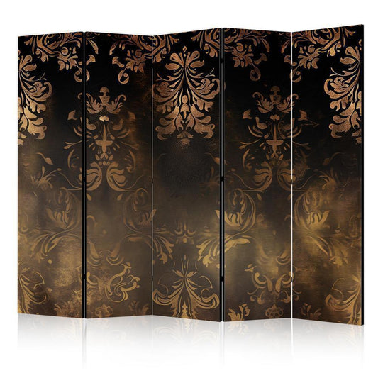 Room Divider - Baroque Ornaments in Patinated Gold and Bronze - Retro Motif- A 5 Panel Folding Screen For Living rooms, bedrooms or home office, decorative folding screen made with wood and canvas