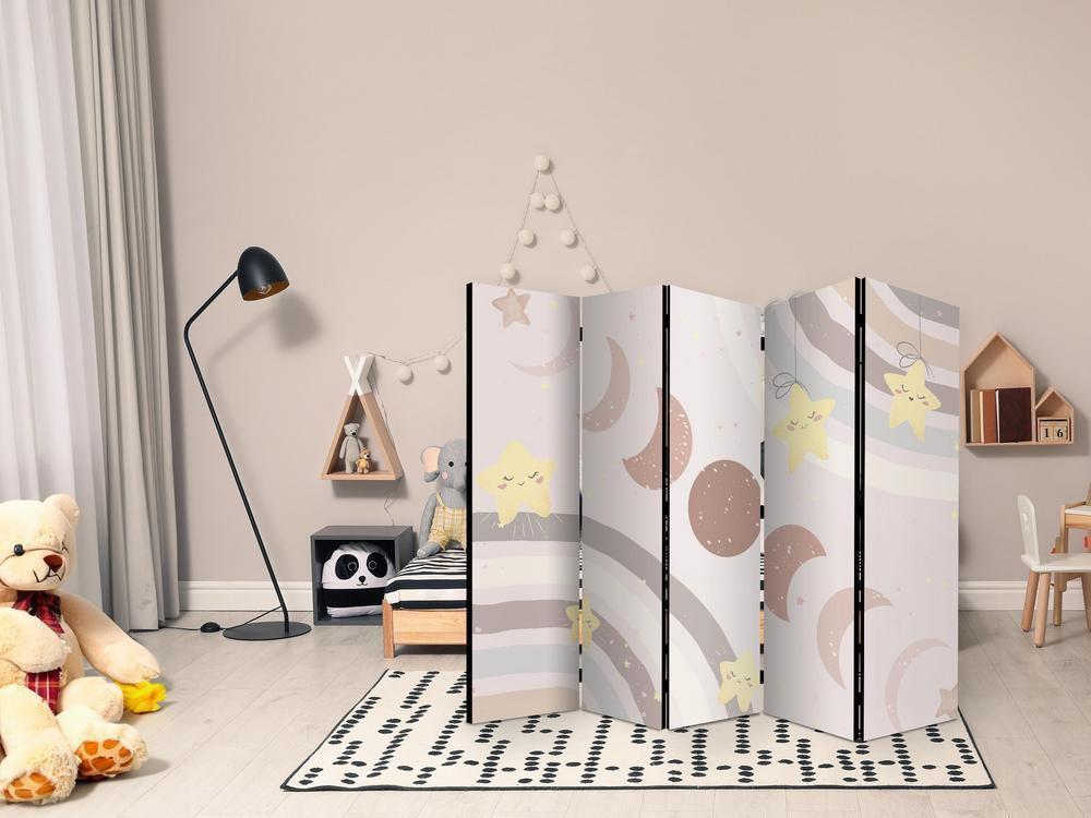 Room Divider - Joyful Sky - Yellow Cheerful Stars with a Rainbow Against the Phases of the Moon - in the Sky Colored Light Beige- A 5 Panel Folding Screen For Living rooms, bedrooms or home office, decorative folding screen made with wood and canvas