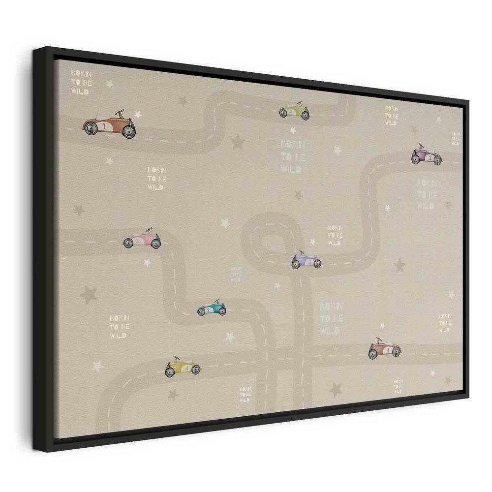 Canvas Print - Race - Colorful Cars on a Road on a Beige Background with Inscriptions