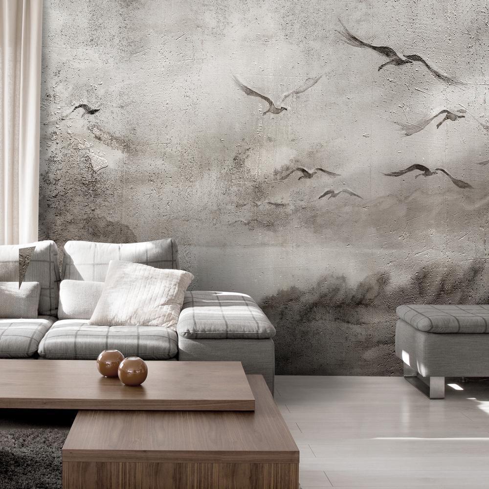 Wall Mural - Swan flight - abstract landscape of birds over a lake with texture-Wall Murals-ArtfulPrivacy