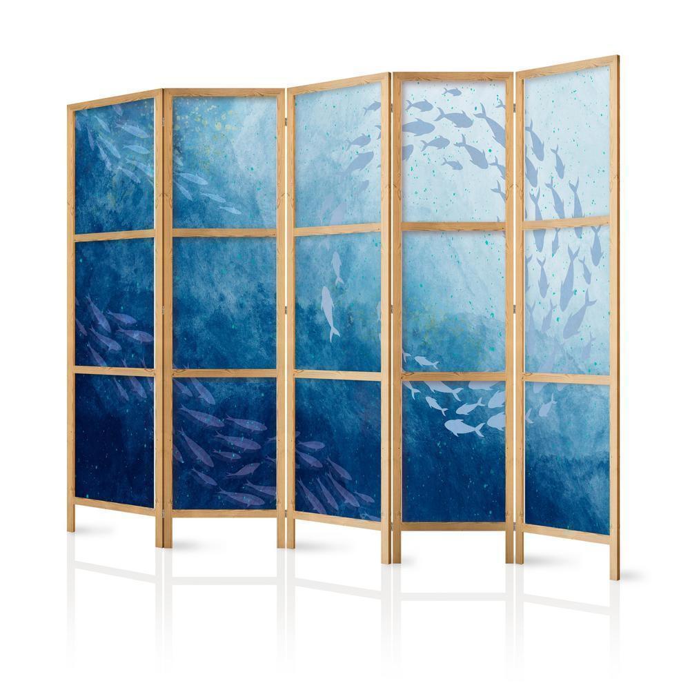 Japanese Room Divider - Schools of Fish - Luminous Clusters of Fish in Blue Among Ocean Depths