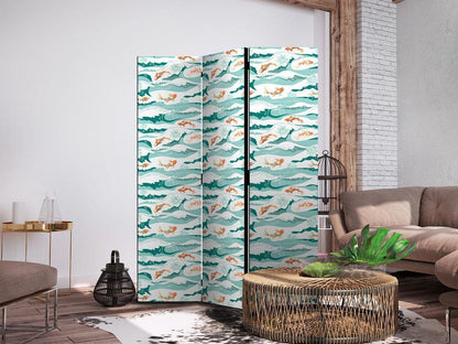 Room Divider - Fish Leaping Above the Waves - Oriental Fish and Water Lilies Among High Waves in Sea Green Colors