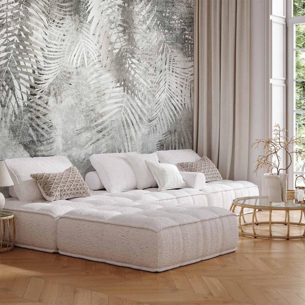 Wall Mural - Light and shadow - grey and white composition with floral motif and pattern