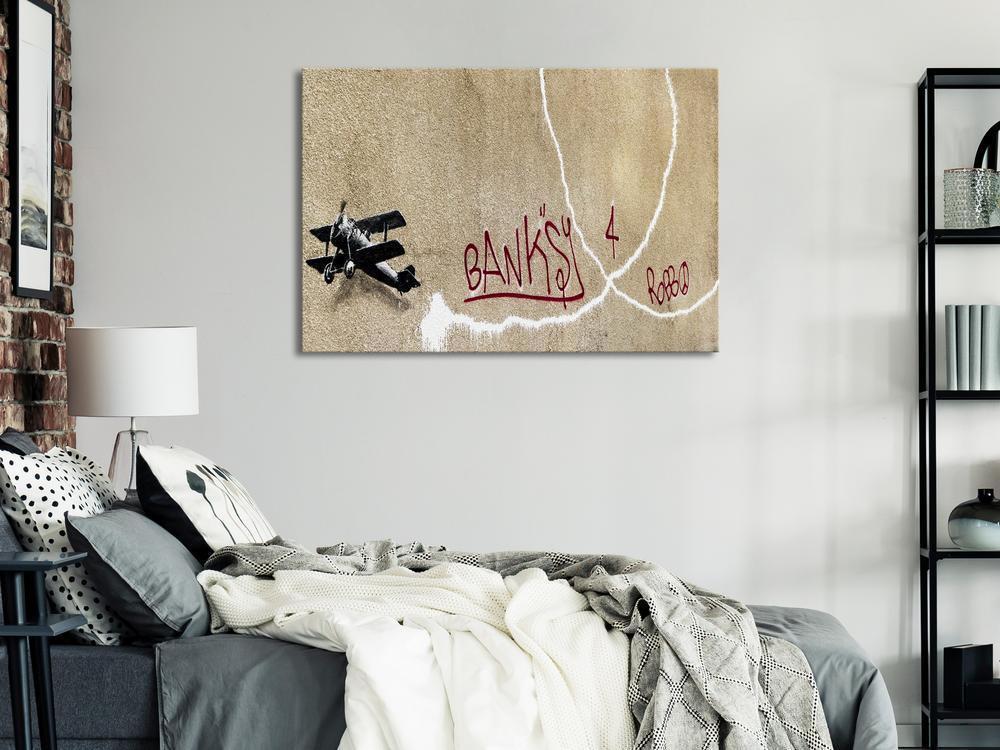 Canvas Print - Banksy's Plane (1-part) - Red Graffiti Text on Mural Background-ArtfulPrivacy-Wall Art Collection