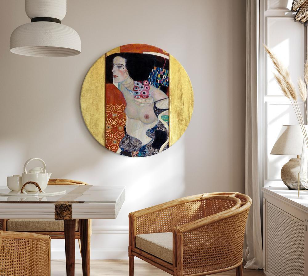 Circle shape wall decoration with printed design - Round Canvas Print - Round Judith II Gustav Klimt - Abstract Portrait of a Half-Naked Woman - ArtfulPrivacy