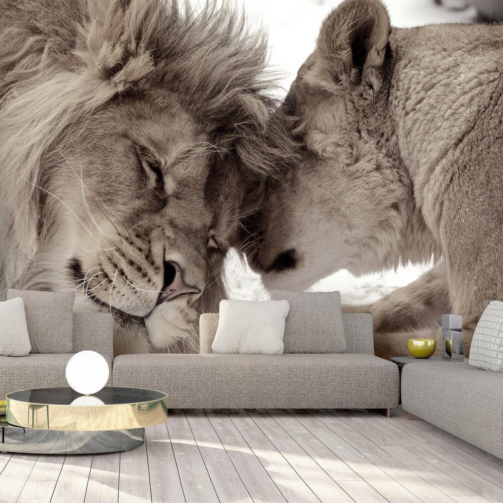 Wall Mural - Lion Tenderness (Sepia)-Wall Murals-ArtfulPrivacy