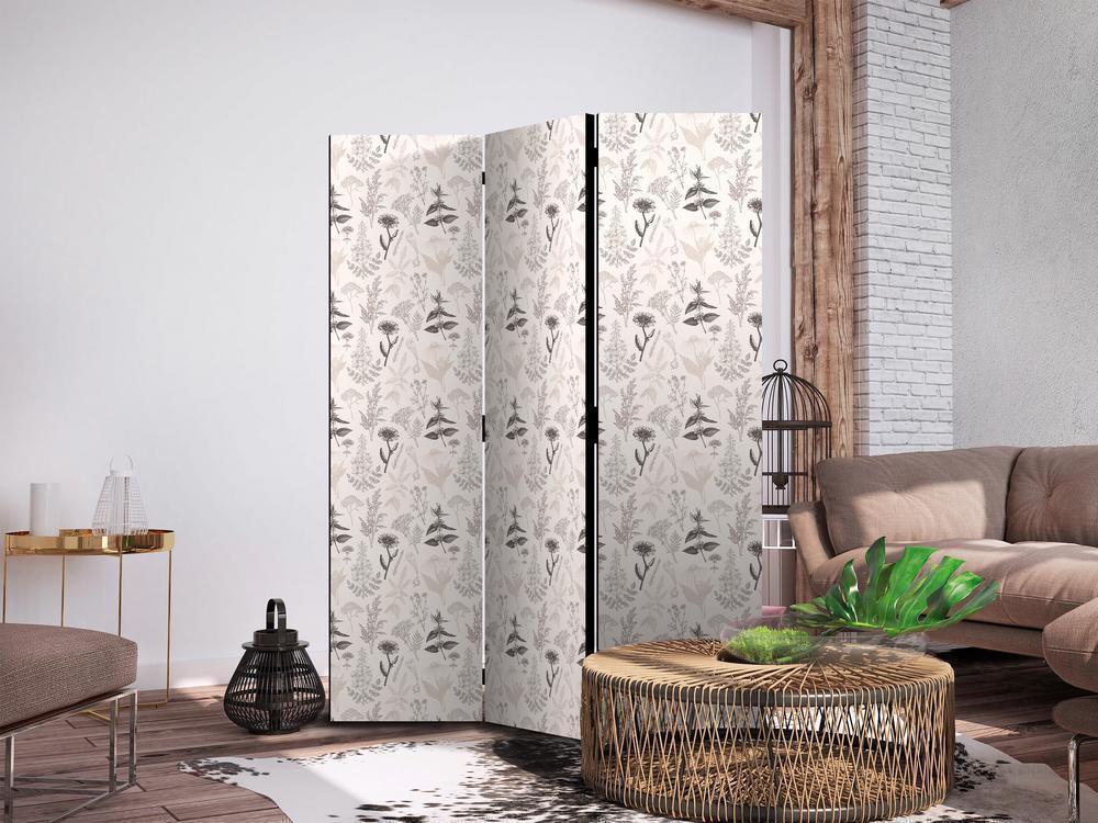 Room Divider - Botanical Illustration - Drawing of Flowers and Herbs - Beige Grays