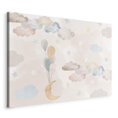 Canvas Print - Fairy-Tale Moon - Pastel Moon with Balloons Among Colorful Clouds and Stars in Subdued Colors on a Light Background