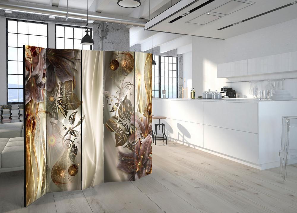 Room Divider - Amber Land II- A 5 Panel Folding Screen For Living rooms, bedrooms or home office, decorative folding screen made with wood and canvas