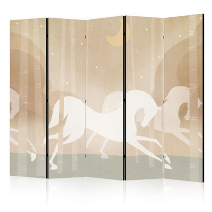 Room Divider - Moonlit Steeds - Horses Galloping Among Trees on a Starry Night- A 5 Panel Folding Screen For Living rooms, bedrooms or home office, decorative folding screen made with wood and canvas