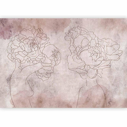 Wall Mural - Floristic abstraction - lineart style silhouettes of people with flowers