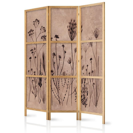 Japanese Room Divider - Plant Vintage - Delicate Field Flowers on a Background in Lime Wash Technique