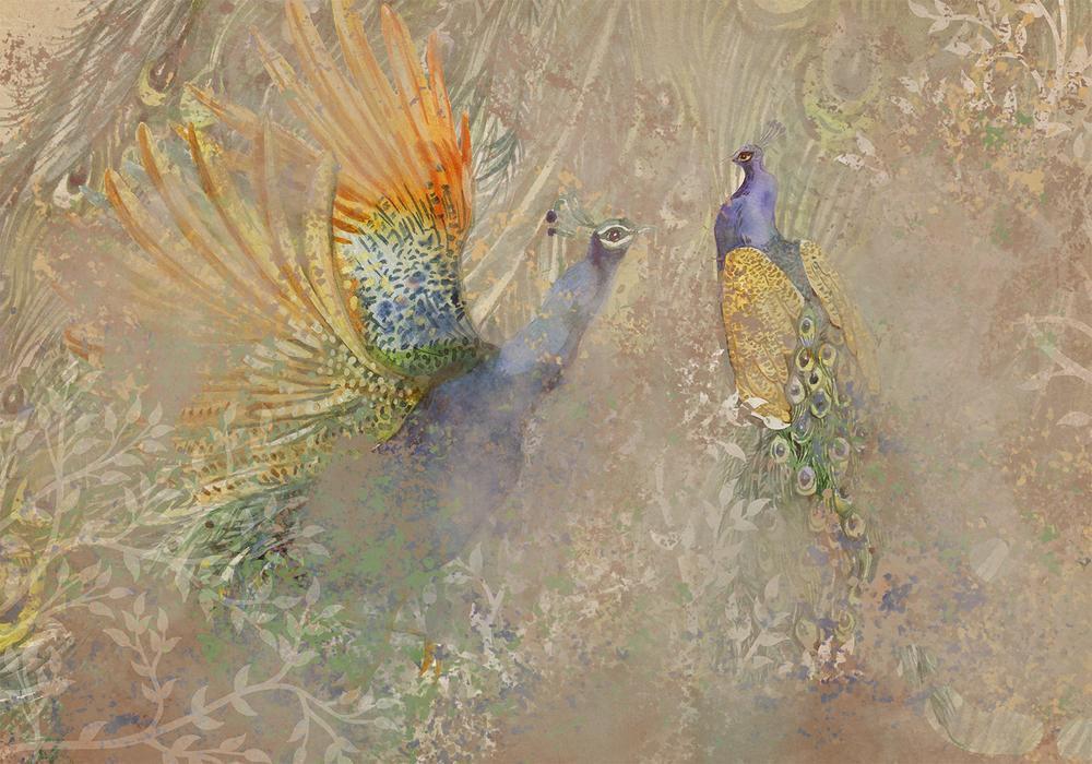 Wall Mural - Peacocks in dance - bird motif among an abstract pattern with ornaments-Wall Murals-ArtfulPrivacy