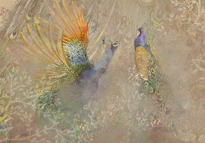 Wall Mural - Peacocks in dance - bird motif among an abstract pattern with ornaments-Wall Murals-ArtfulPrivacy