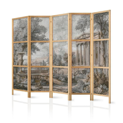 Japanese Room Divider - Antique Landscape - Greek Temple on a Hill Among Lush Vegetation