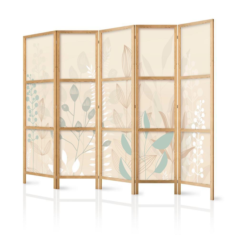 Japanese Room Divider - Morning in the Meadow - Various pastel plants on a beige background