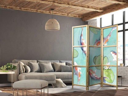 Japanese Room Divider - Spectacular Fish - White-Orange Koi Fish Swimming in Crystal Clear Water with Water Lilies