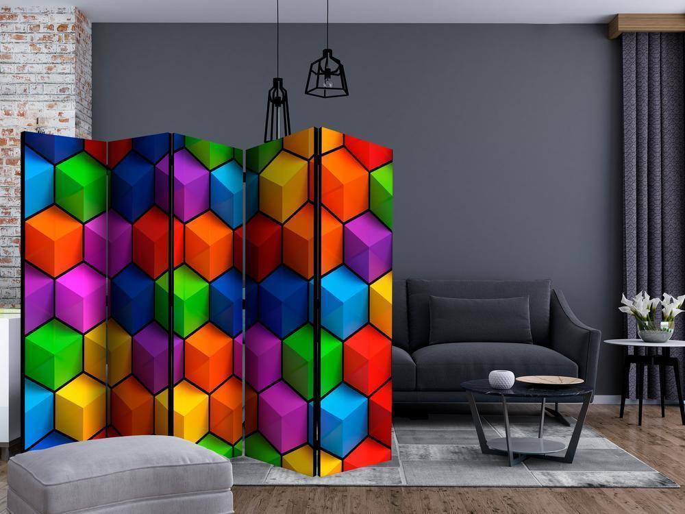 Room Divider - Colorful Geometric Boxes II- A 5 Panel Folding Screen For Living rooms, bedrooms or home office, decorative folding screen made with wood and canvas