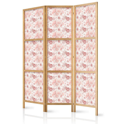 Japanese Room Divider - Pink Blossoming - Flowers in Warm Colors on a White Background