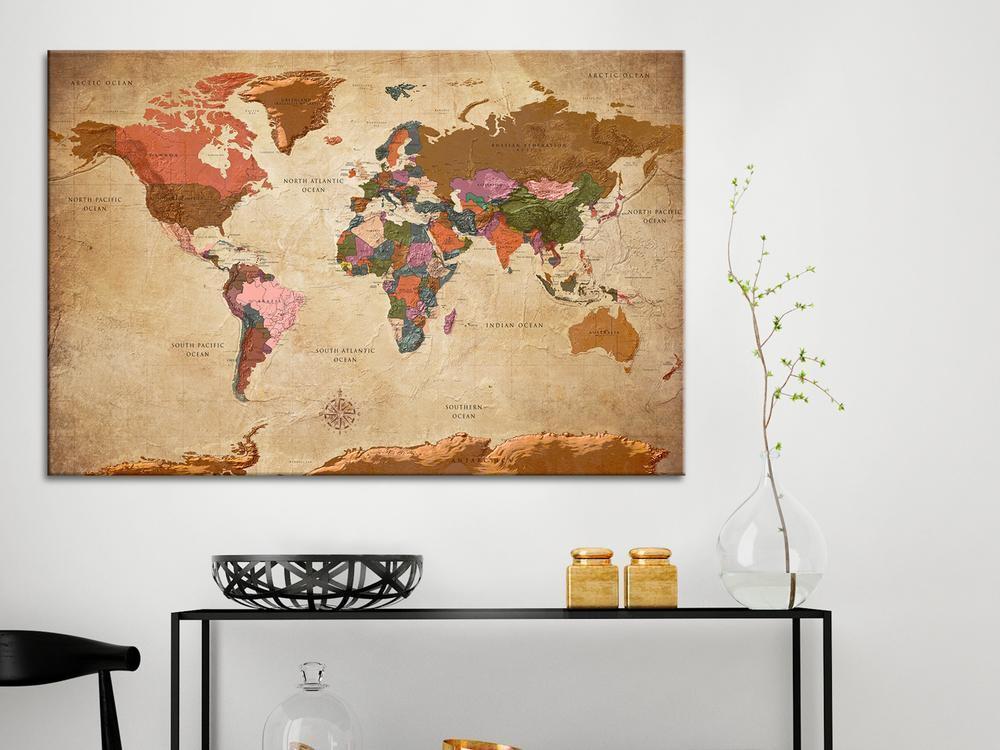 Cork board Canvas with design - Decorative Pinboard - World Map: Brown Elegance-ArtfulPrivacy